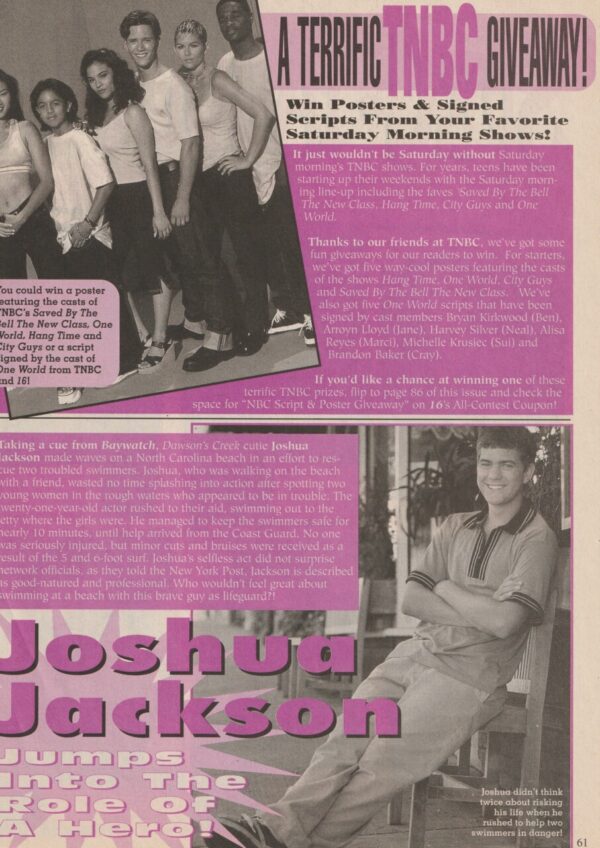 Saved by the Bell New Class Joshua Jackson teen magazine clipping TNBC