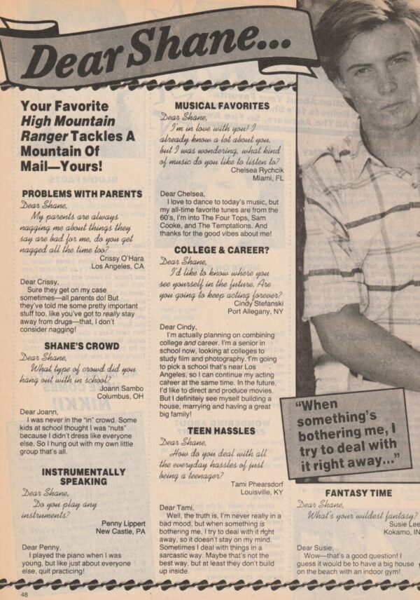 Shane Conrad teen magazine clipping Dear Shane 16 magazine