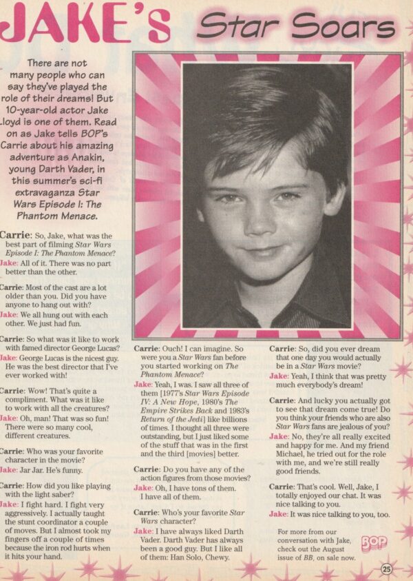 Jake Lloyd teen magazine clipping Star Soars Bop teen idols Star Wars