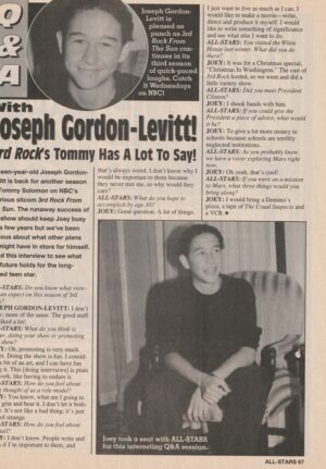 Joseph Gordon Levitt teen magazine clipping 3rd Rock Tommy has a lot to say All-Stars