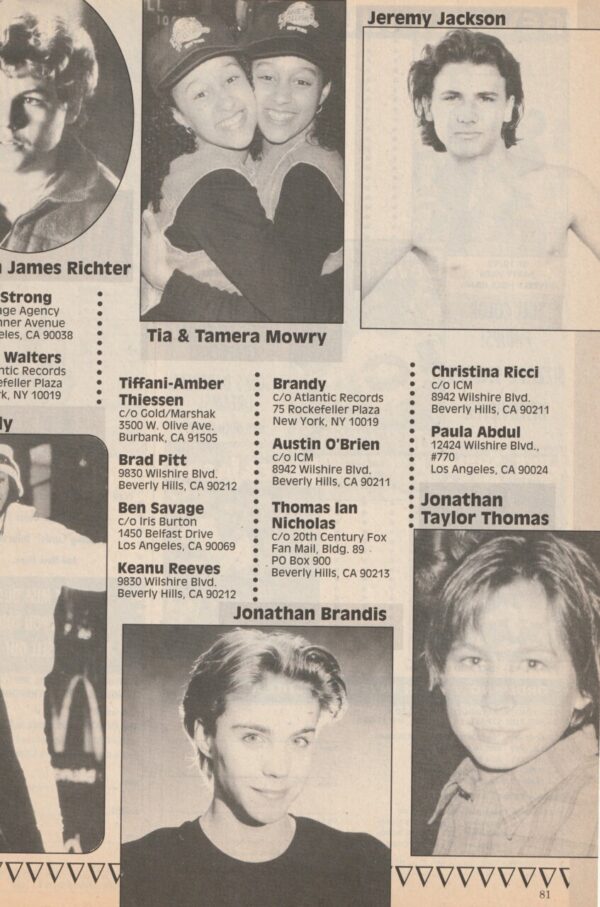 Jeremy Jackson Jonathan Brandis Jonathan Taylor Thomas teen magazine clipping shirtless