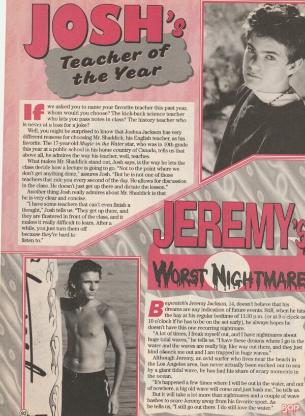 Jeremy Jackson Joshua Jackson Jonathan Brandis teen magazine clipping Worst Nightmare Bop