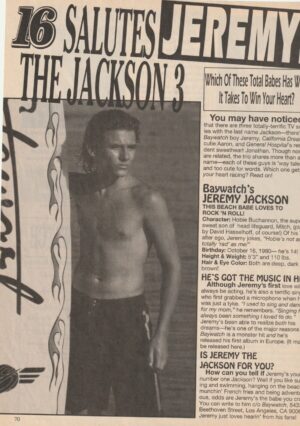 Jeremy Jackson teen magazine clipping 16 Salutes shirtless Baywatch