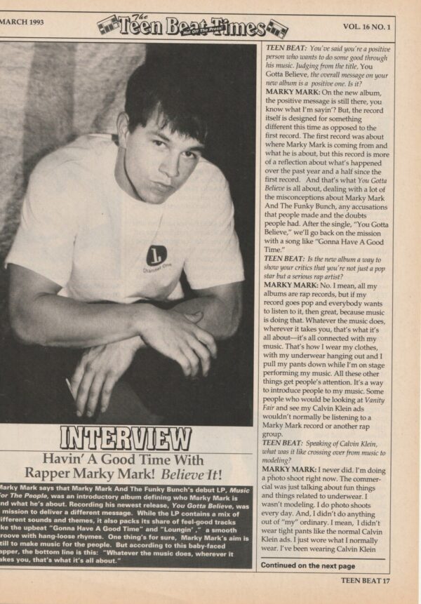 Marky Mark Wahlberg teen magazine clipping Rapper Marky Mark Believe it Teen Beat 2 page