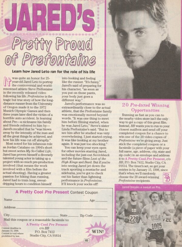 Jared Leto teen magazine clipping pretty proud of prefontaine Bop