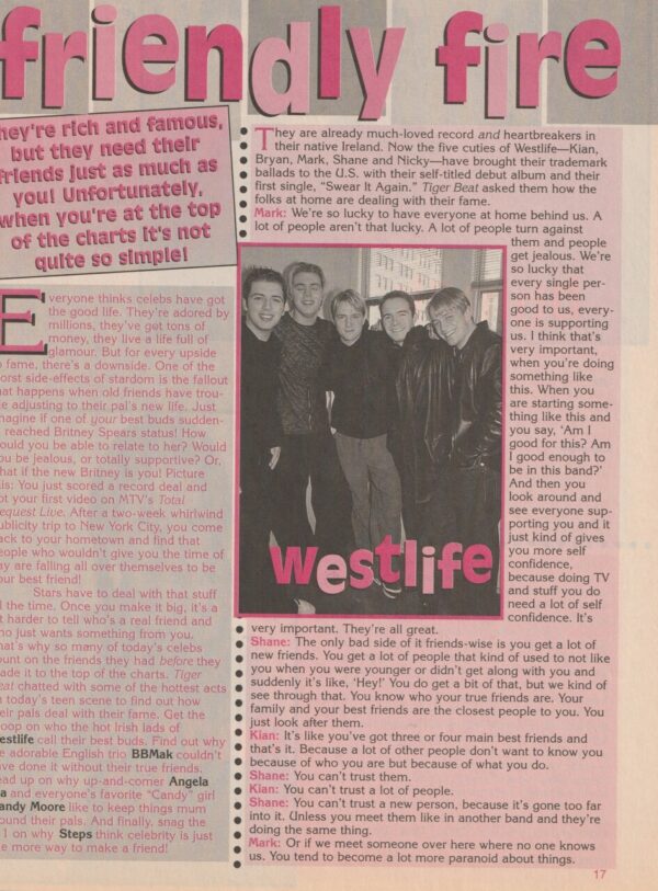 Westlife teen magazine clipping friendly fire