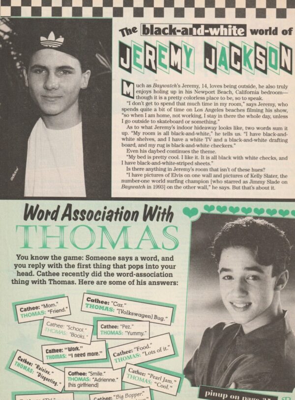 Jeremy Jackson Thomas Nicholas teen magazine clipping black and white Bop