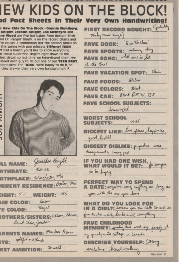 Jonathan Knight Donnie Wahlberg teen magazine clipping handwriting Fact Sheet Teen Beat