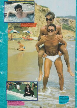 George Michael Andrew Ridgeley teen magazine pinup clipping shirtless barefoot beach speedo barefoot Wham