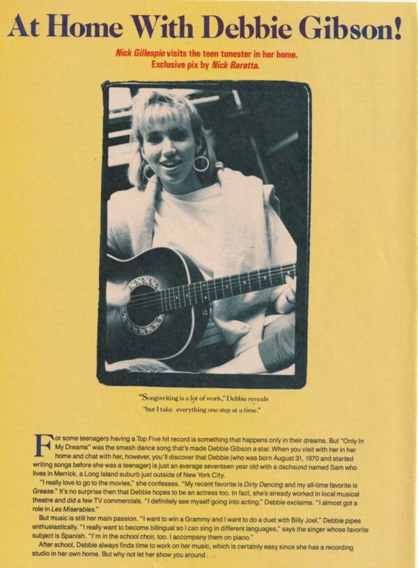 Debbie Gibson teen magazine clipping at home with Debbie yellow background