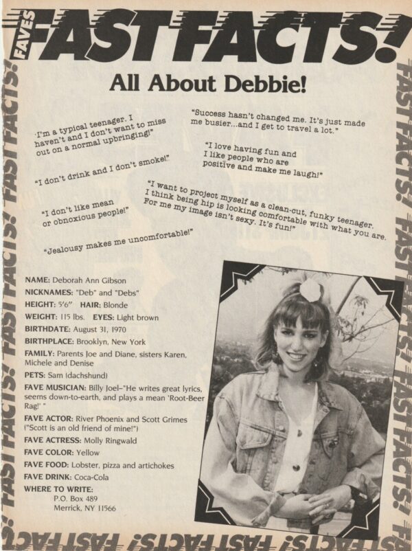 Debbie Gibson teen magazine clipping Fast Facts 16 magazine