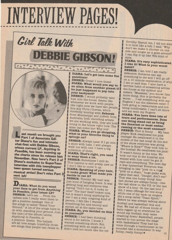 Debbie Gibson teen magazine clipping Girl Talk with Debbie