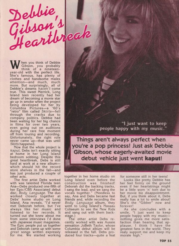 Debbie Gibson teen magazine clipping Heartbreak Top mag rare teen idols