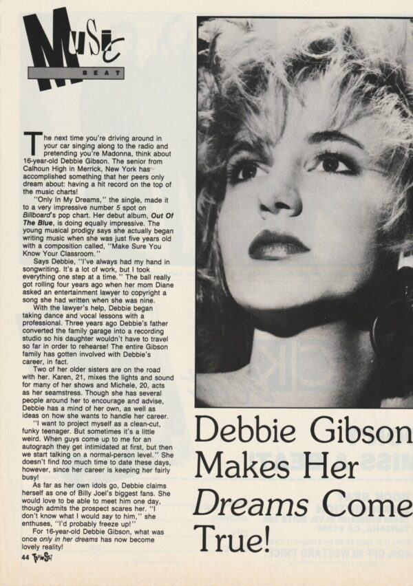 Debbie Gibson teen magazine clipping Music makes her dreams come true Teen Set