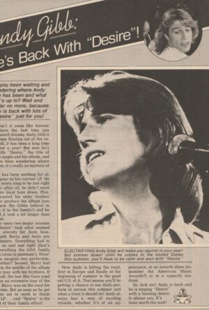 Andy Gibb teen magazine clipping he's back with desire article