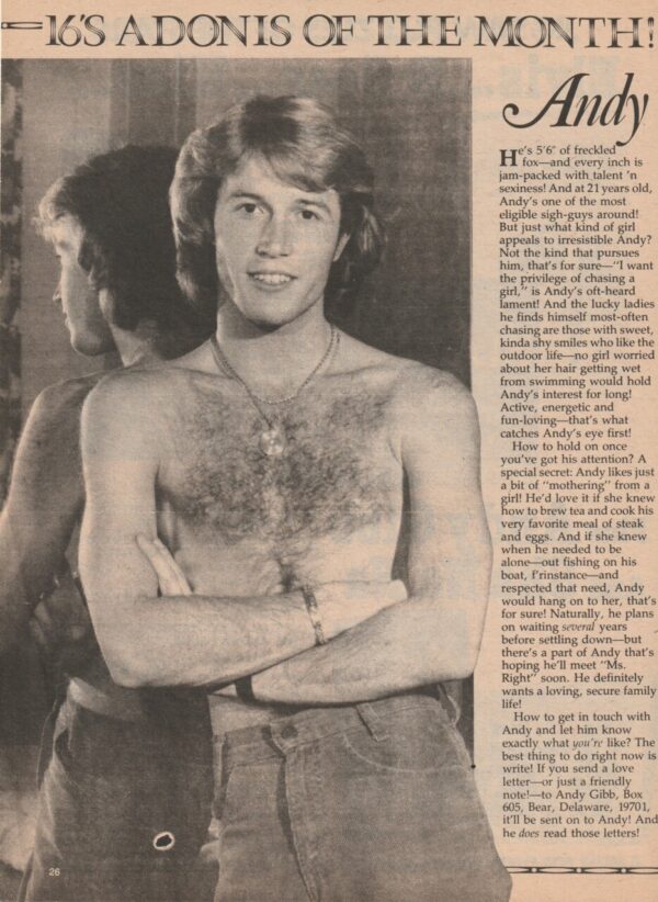 Andy Gibb teen magazine clipping 16's adonis of the month shirtless mirror