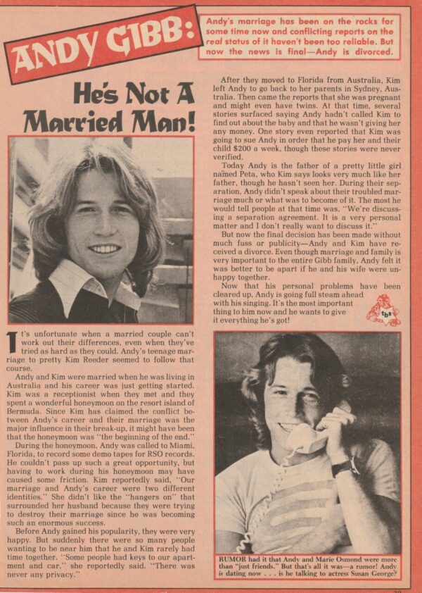 Andy Gibb teen magazine clipping He's not a married man Tiger Beat pix