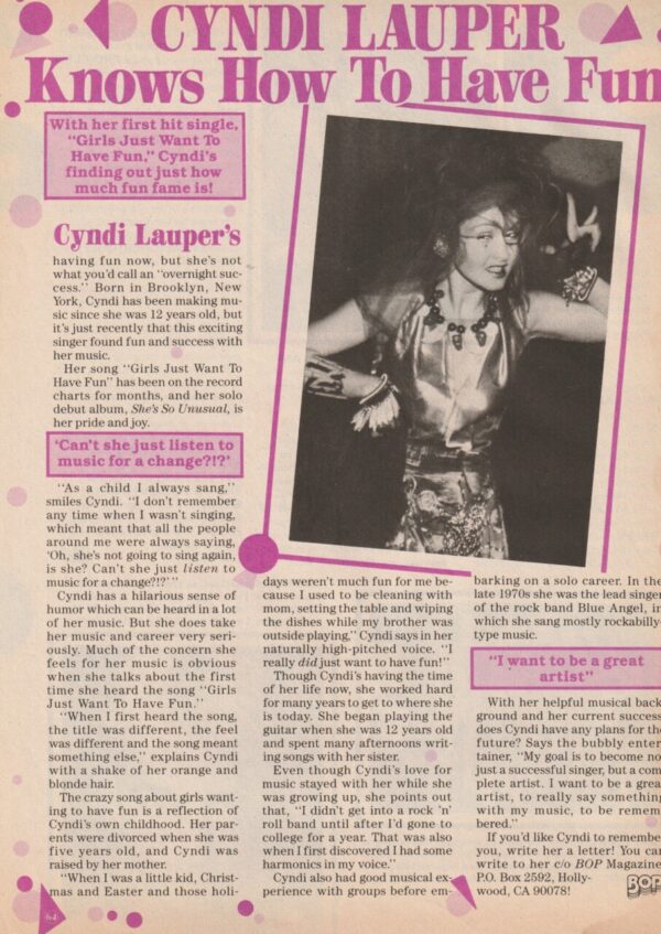 Cyndi Lauper teen magazine clipping knows how to have fun Bop