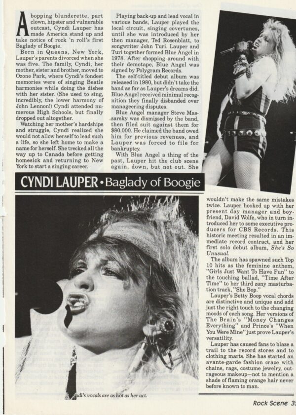 Cyndi Lauper teen magazine clipping Baglady of Boogie 2 page Rock Scene