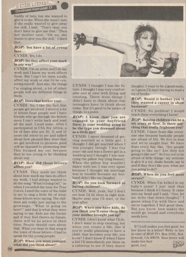 Cyndi Lauper teen magazine clipping I thought I was the future Bop 2 page - Image 2