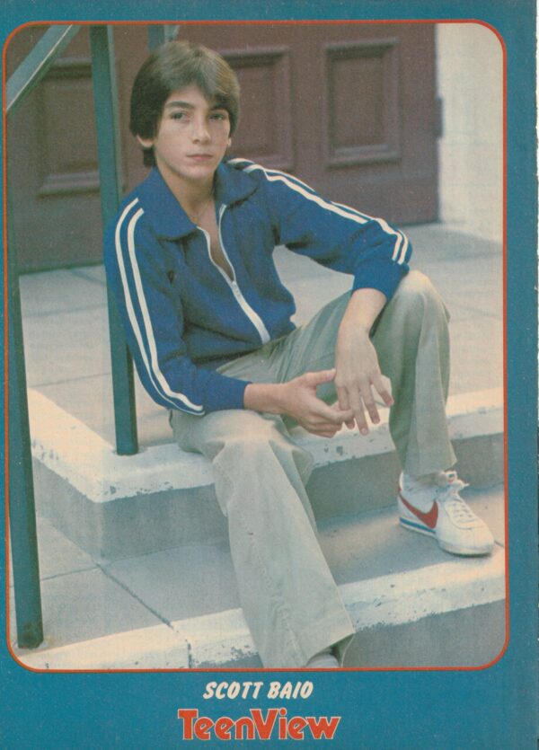 Scott Baio teen magazine pinup steps blue shirt young Happy Days modeling