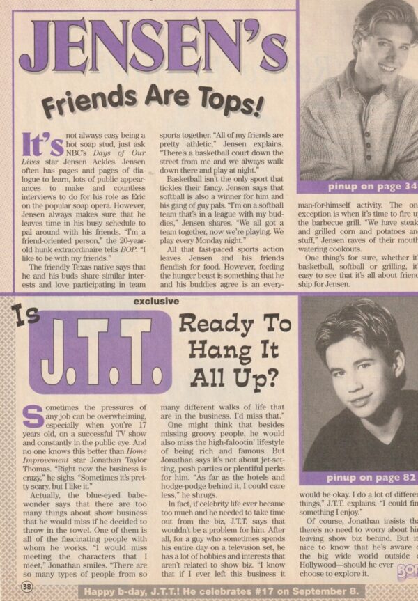 Jensen Ackles Jonathan Taylor Thomas teen magazine clipping Bop Friends are Tops