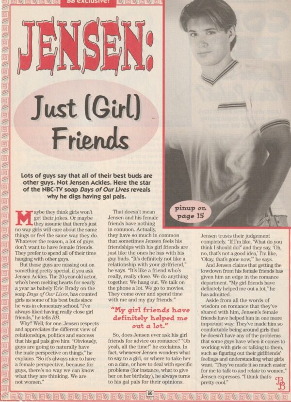 Jensen Ackles teen magazine clipping article Just Girl Friends BB Bop pix