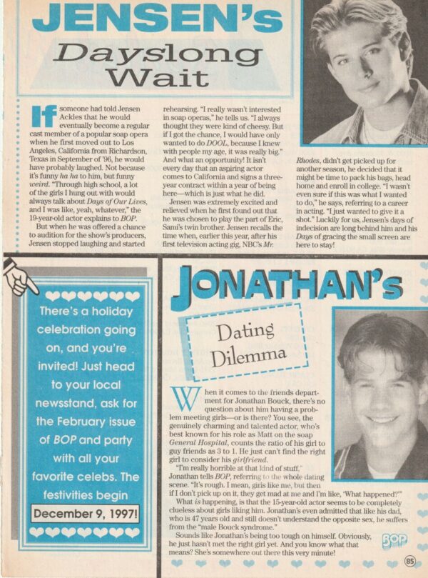 Jensen Ackles Jonathan Bouck teen magazine article Days Long Wait Bop