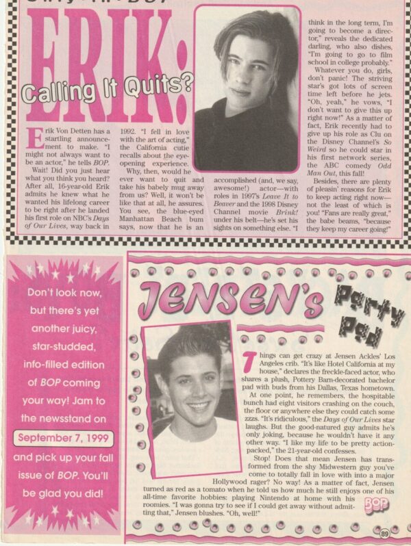 Jensen Ackles Erik Von Detten teen magazine clipping article Party Pad Bop