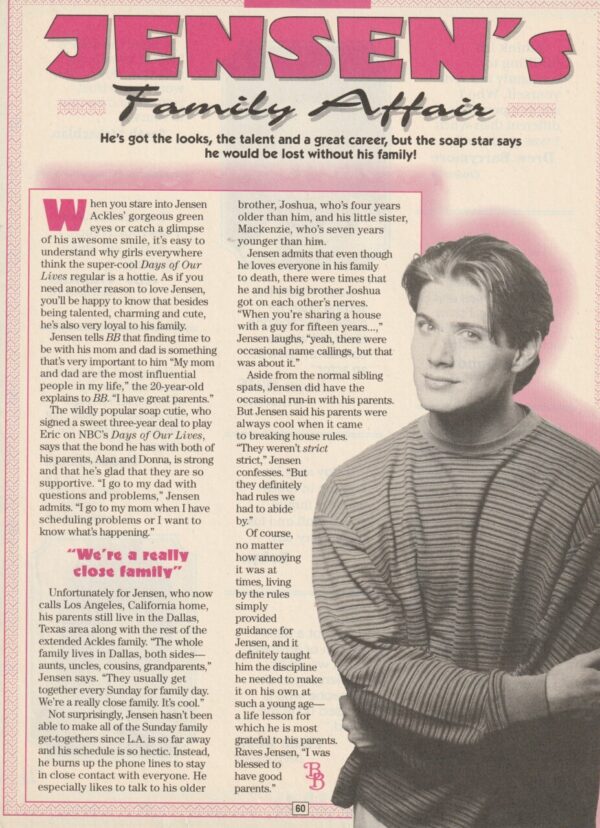 Jensen Ackles teen magazine clipping Family Affair BB Bop Soap Star