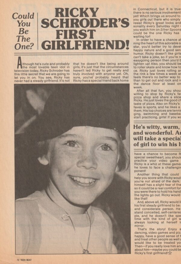 Ricky Schroder teen magazine article Ricky’s first girlfriend Star