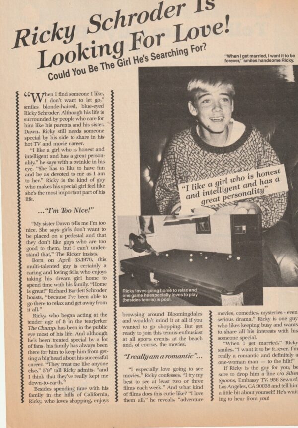 Ricky Schroder article lookong for love teen beat