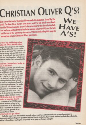 Christian Oliver teen magazine clipping Q's and A's Tutti Frutti RIP article