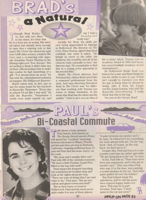 Brad Renfro Paul Sutera teen magazine clipping a natural BB pix