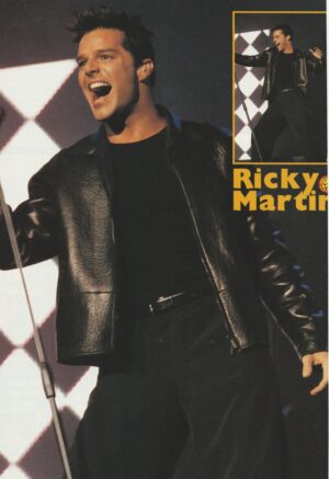 Ricky Martin Menudo teen magazine pinup leather jacket full body mic Pop Star