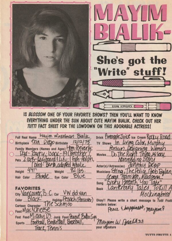 Mayim Bialik teen magazine article She's got the write stuff Tutti Frutti her handwriting rare pix