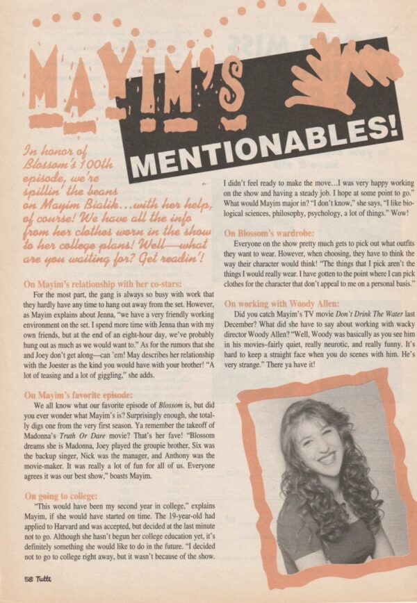 Mayim Bialik teen magazine article mentionables Tutti Frutti