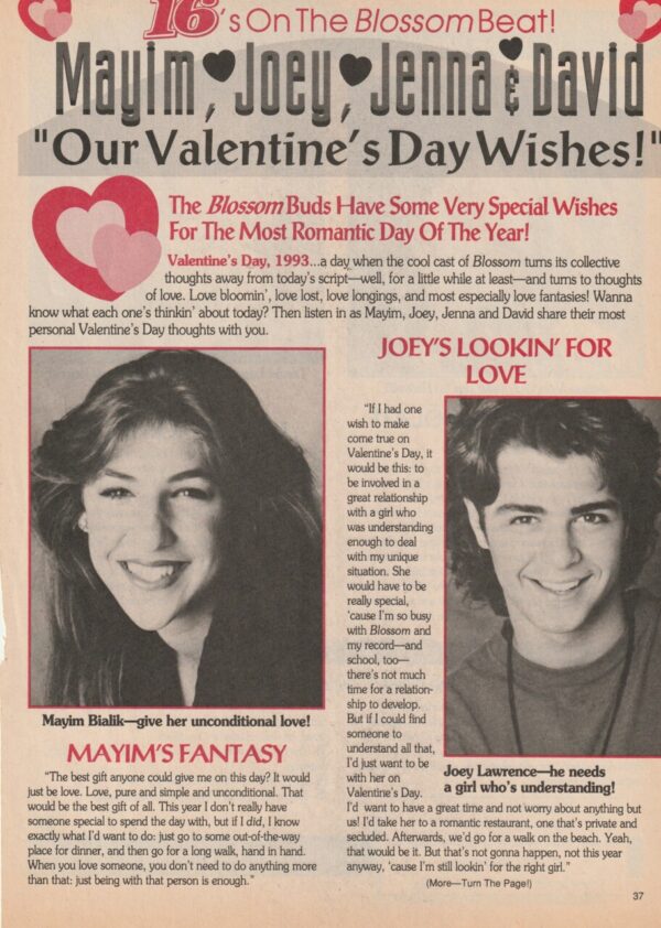 Mayim Bialik Joey Lawrence teen magazine clipping Valentine Days wishes 2 page pix