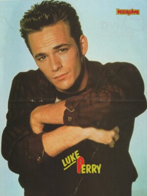 Luke Perry teen magazine pinup red dress shirt bright eyes arms 90's Beverly Hills 90210