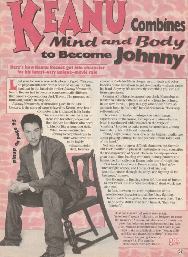 Keanu Reeves teen magazine article mind and body to become Johnny Bop