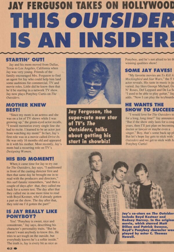 Jay Ferguson teen magazine clipping This Outsider is an insider Wow article