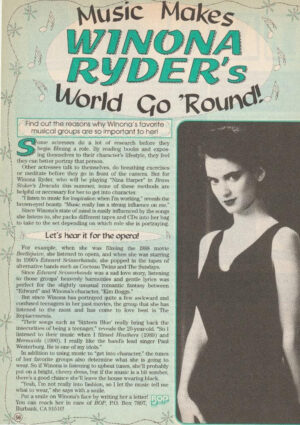 Winona Ryder teen pinup clipping World go round Teen Beat Bop Beetlejuice