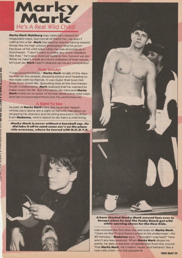 Marky Mark Wahlberg teen magazine pinup clipping shirtless wild child Teen Beat