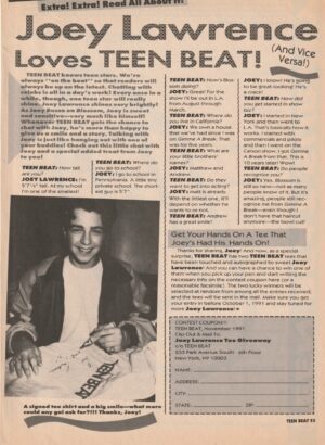 Joey Lawrence teen magazine article Loves Teen Beat and vice versa