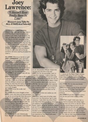 Joey Lawrence Tori Spelling teen magazine clipping I havne't ever really been in love All-Stars