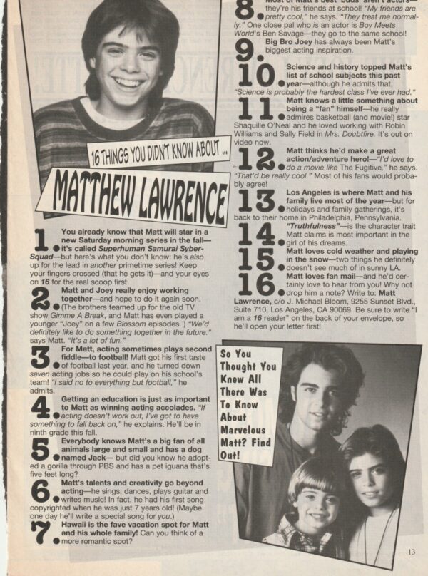 Joey Lawrence Matthew Lawrence teen magzine clipping Gazette 16 mag teen crush - Image 2