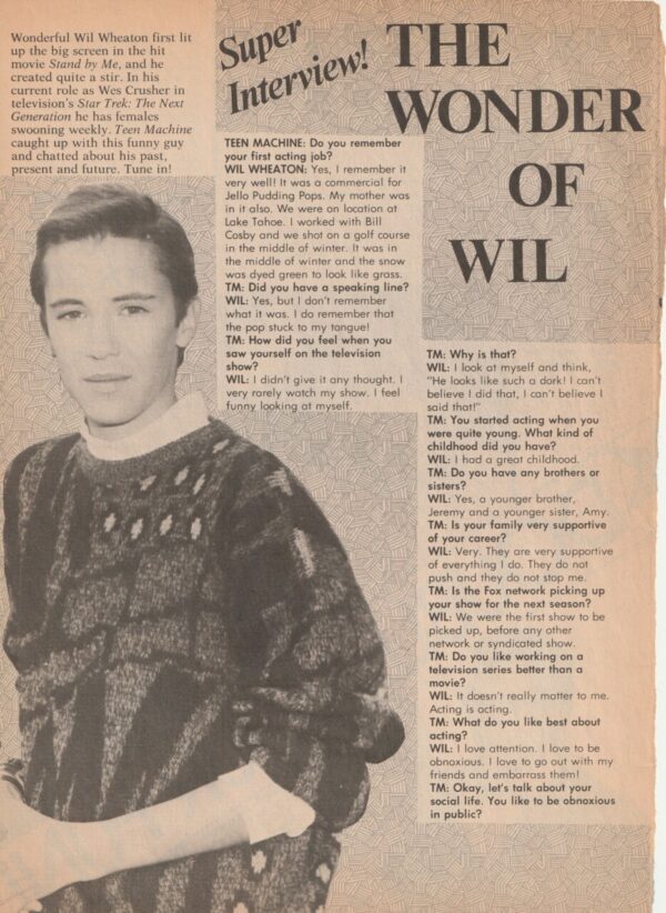 Wil Wheaton teen magazine clipping The Wonder of Wil Teen Beat