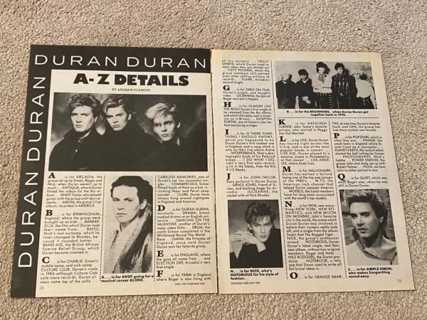 Duran Duran teen magazine pinup clipping A-Z Details 3 pg Teen Beat 16 mag pix