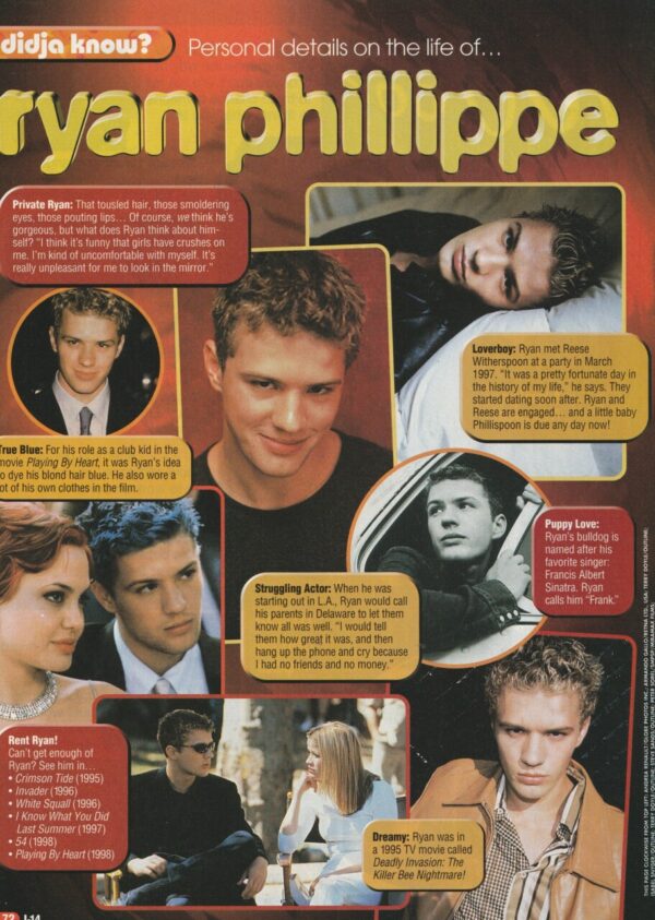 Ryan Phillippe teen magazine pinup clipping teen idols J-14 90's pix Invader