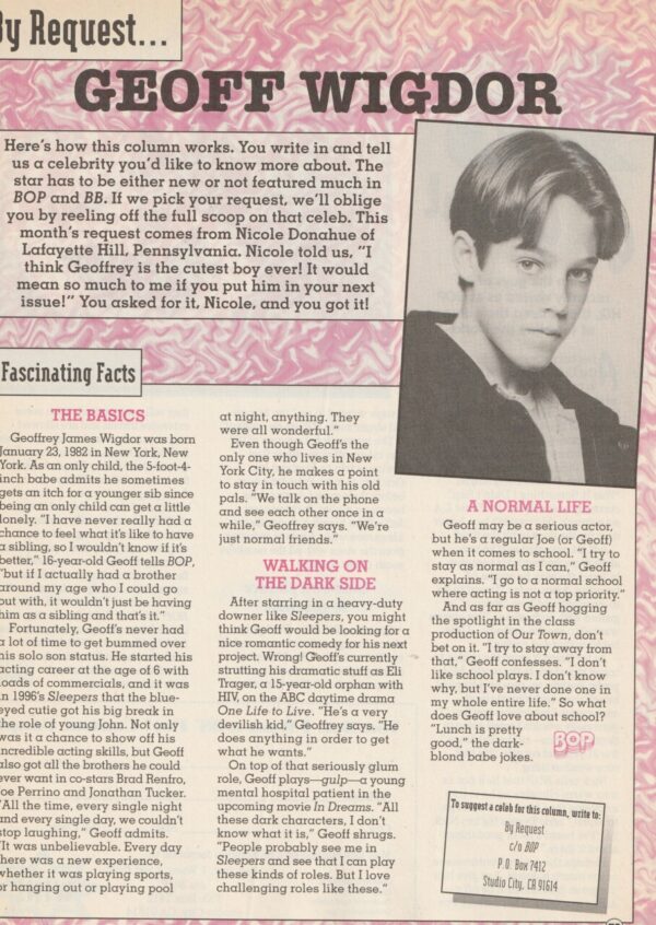 Geoff Wigdor teen magazine pinup clipping Sleepers Bop teen idols pix picture